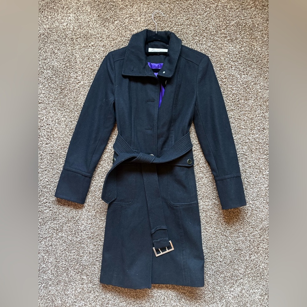 Kenneth Cole Black Long Wool Blend Belted Coat, Size 2
